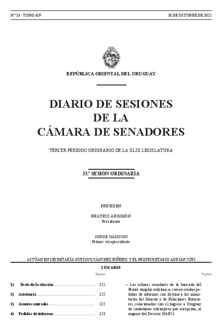 DIARIO DE SESIONES DE LA CAMARA DE SENADORES del 18/10/2022